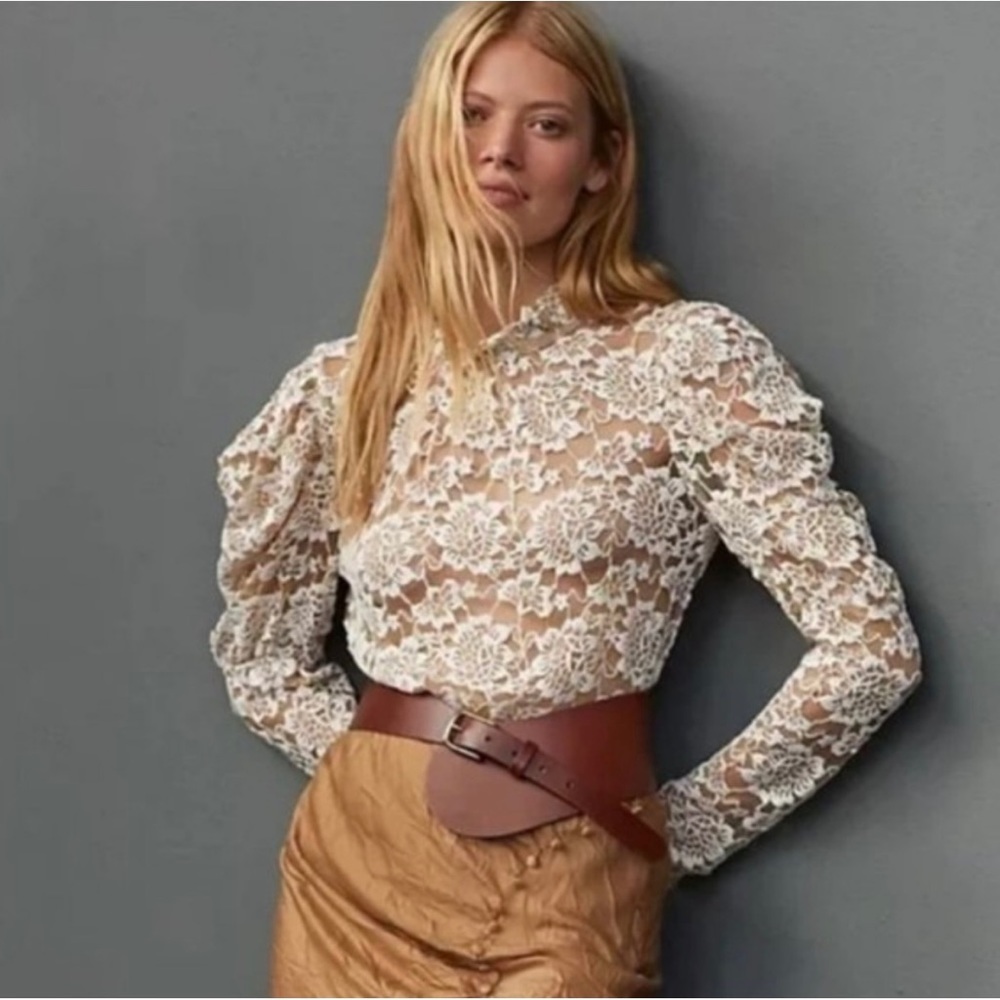 Anthropologie Dolan Cream + Ivory Puff Sleeve Lace Top